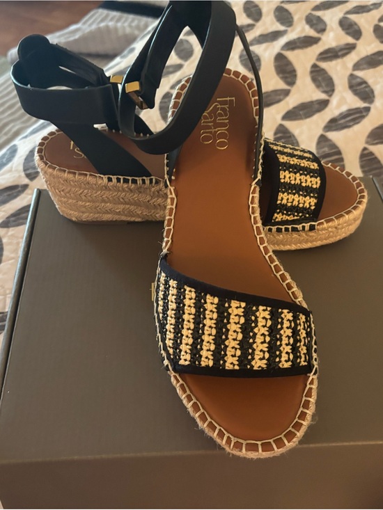 Franco Sarto Shoes - Franco Sarto Black and Natural Braided Espadrille Wedge Sandals